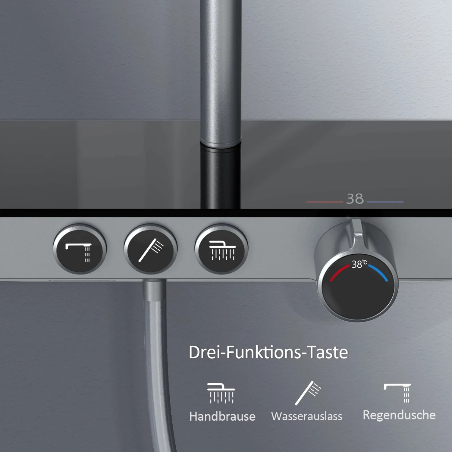 Detailaufnahme: Emke Duschsystem Anthrazit mit Thermostat, Hand- und Regendusche, Bedienelemente.