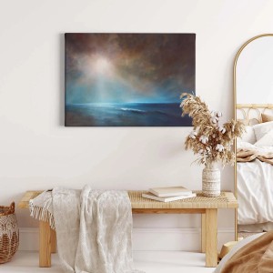 Maritimes Leinwandbild mit Meer, Wolken und Sonne in Blau und Grau als Wanddeko.