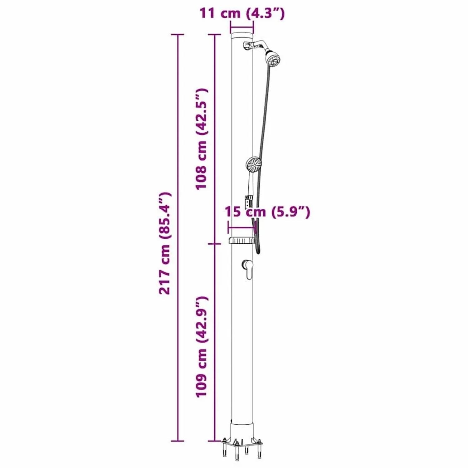 Technische Zeichnung der schwarzen vidaXL Solardusche aus PVC/Aluminium, 217 cm hoch, mit Handbrause und Maßen.