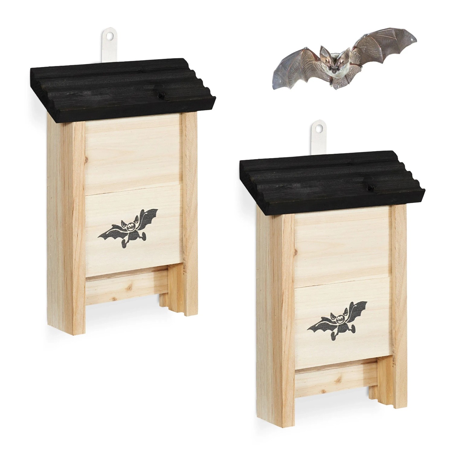 Relaxdays Fledermauskasten 2er Set Tannenholz Metall Schwarz Unbehandelt 25 cm x 18 cm x 6 cm 320 g