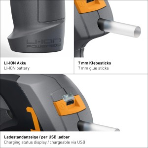 Details der Steinel Akku-Heißklebepistole MobileGlue 1007: Akku, Klebesticks und Ladestandsanzeige.