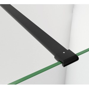 Schwarzes Wandprofil mit Stabilisierungsstange für eine Duschkabine mit Glasseitenwand.