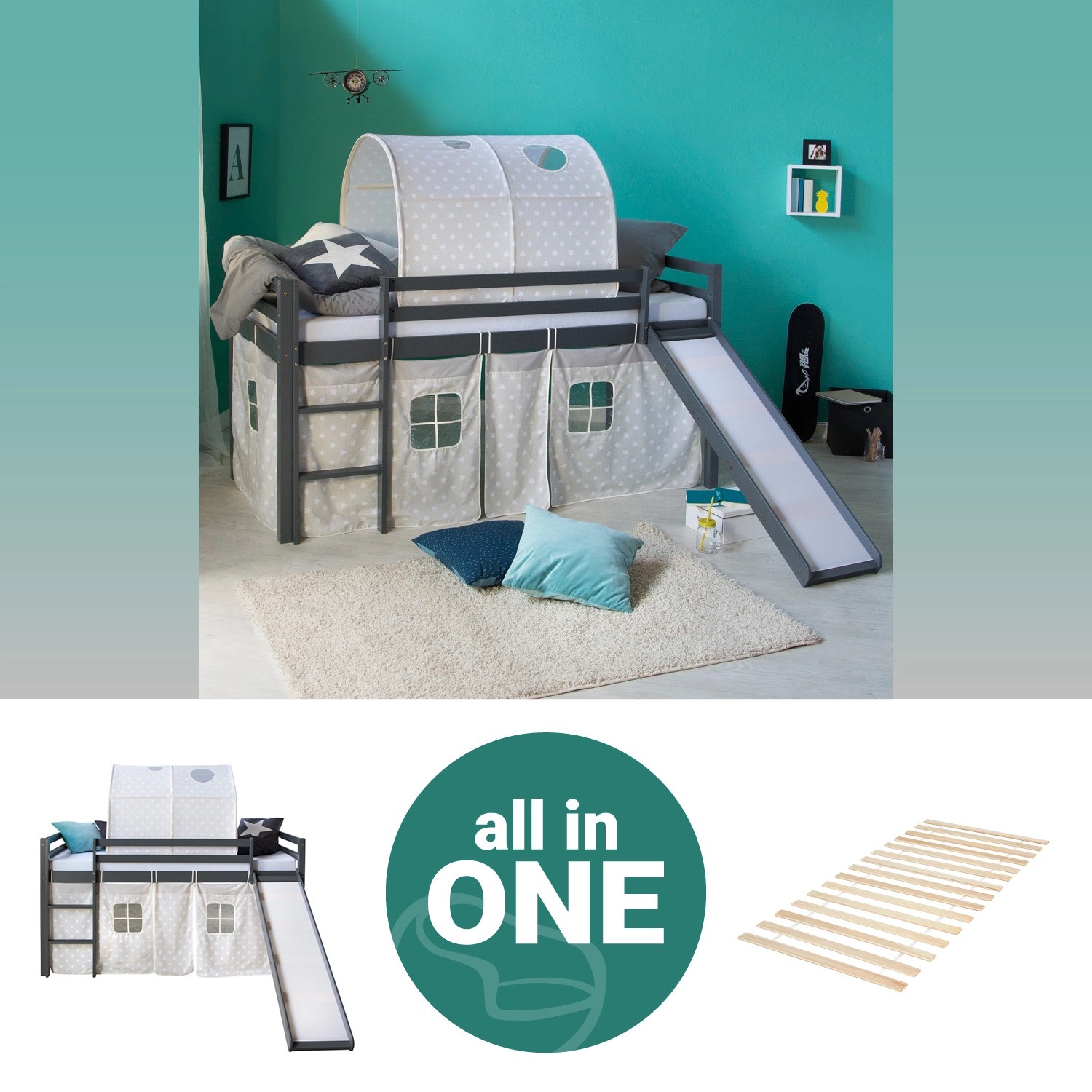 Homestyle4u Kinderhochbett 90x200 Grau mit Lattenrost Rutsche 2781 günstig online kaufen