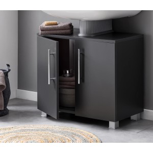 Badmobil Waschbeckenunterschrank, anthrazit, 60 cm breit, mit zwei Türen und silbernen Griffen.