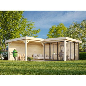 Palmako Pavillon Lenna Set 412, 588x588 cm, weiß lackiert, mit Schiebetüren und überdachter Fläche.
