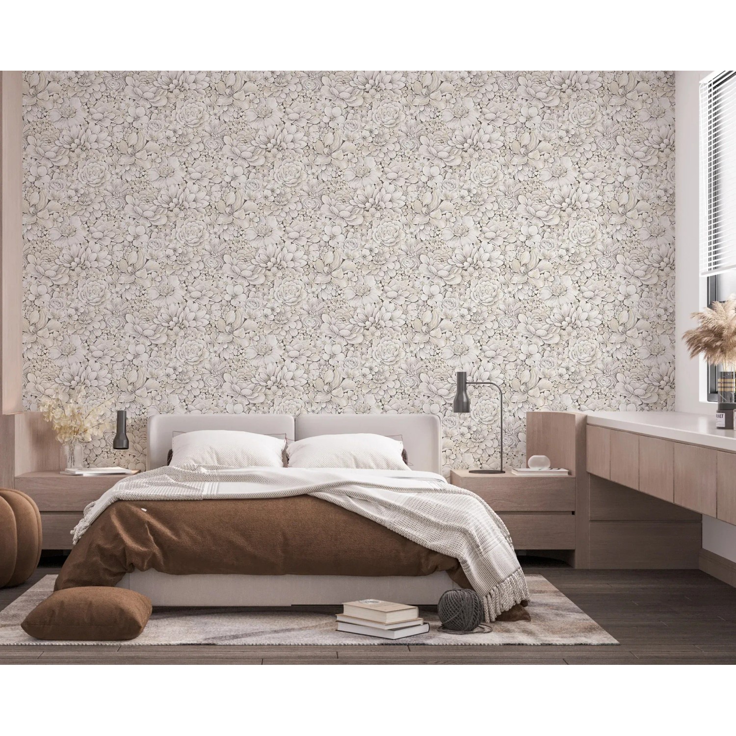 Schlafzimmer mit floraler Marburg Vliestapete Botanica 2 in Grau-Beige.