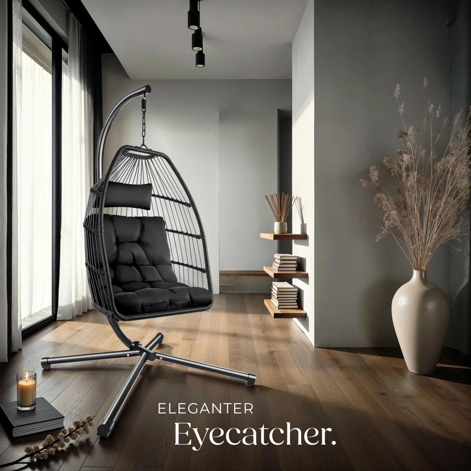 Tectake Hängesessel Mit Gestell Ariane Mit Extra Dickem Sitz  und Kopfkissen Stabil  Bodenschonend und Faltbar  107 x 98 x 202 cm Schwarz_9