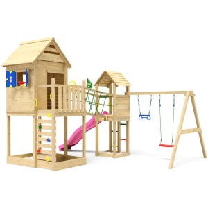 Jungle Gym Spielturm Retreat mit Doppelschaukel, Rutsche und zwei Spieltürmen aus Holz.