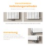 Details zur Montage des weißen Emke Heizkörpers, verschiedene Anschlussvarianten werden gezeigt.