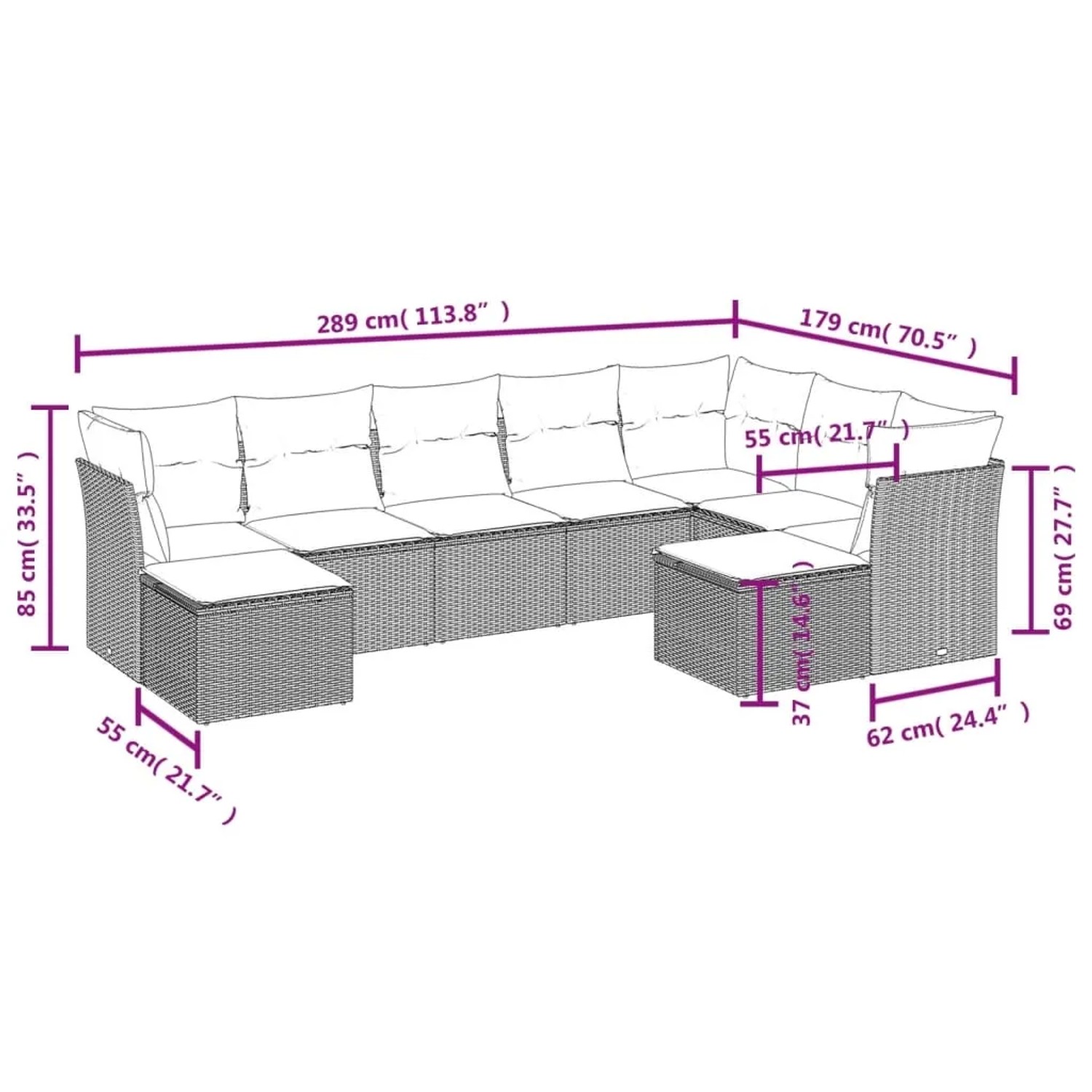 vidaXL Garten-Sofagarnitur, 9-teilig, beige Poly Rattan mit Maßen. Gartenmöbel für Terrasse und Garten.