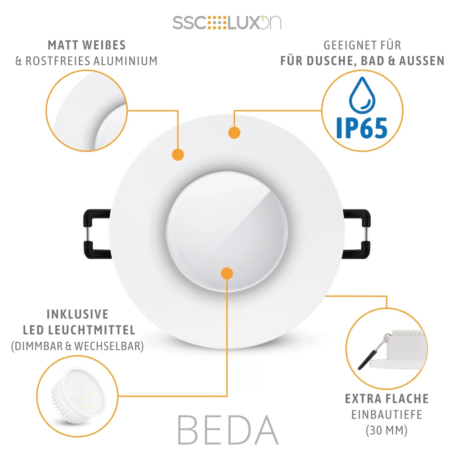 Weißer, dimmbarer LED Einbaustrahler BEDA IP65 für Bad und Außenbereich.