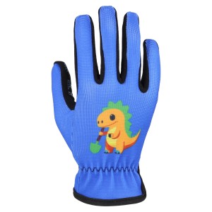 Blauer W+R Industry Kinderhandschuh Größe 6 mit Dino-Motiv für Gartenarbeit.