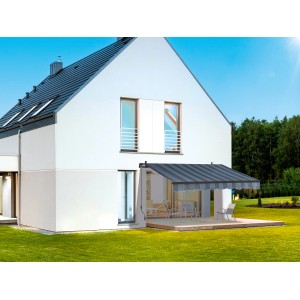 Ausgefahrene Gelenkarmmarkise Aventura 3x2m in Blau-Grau am Haus mit Terrasse.