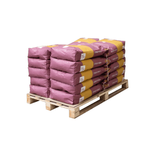 Palette mit 20 lila-gelben Säcken STROY Strohpellets Einstreu, je 15kg, für die Pferdepflege.