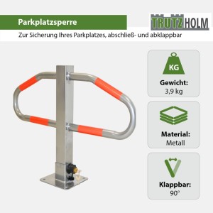 TRUTZHOLM Parkplatzsperre, klappbar & abschließbar, aus Metall mit roten Reflektoren.