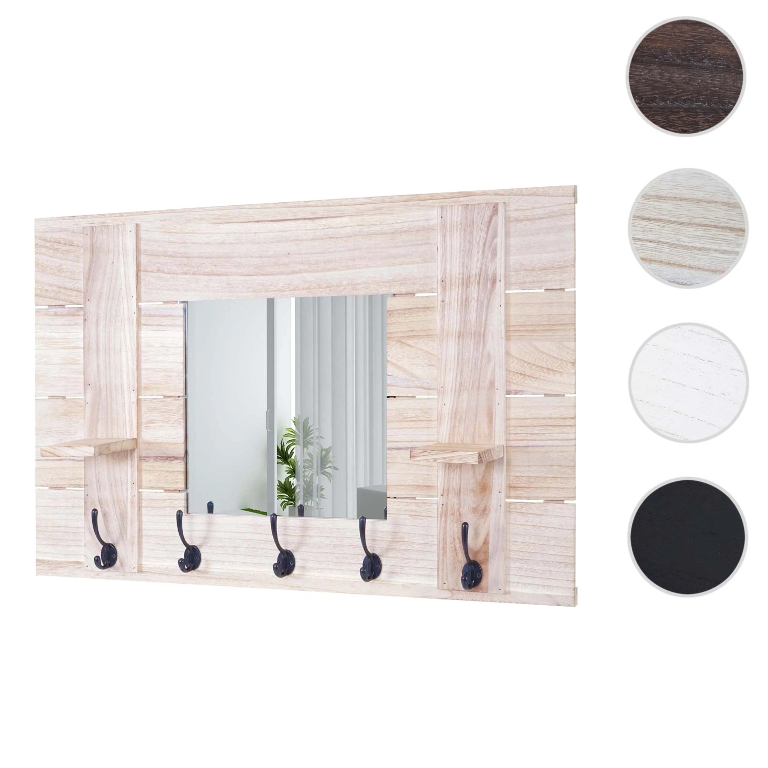 MCW Wandgarderobe C89 mit Spiegel, naturbraunes Holz, 5 Haken und 2 Ablagen. Garderobenpaneel im Shabby-Look.