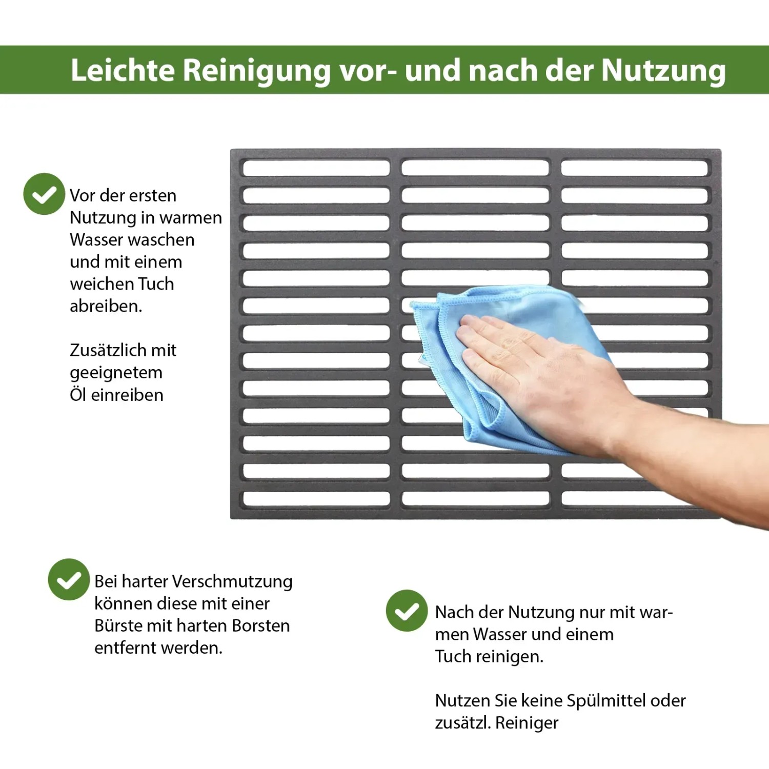 Reinigung des TRUTZHOLM Grillrosts 45x30: Emaillierter, rechteckiger Grillrost wird mit Tuch gereinigt.