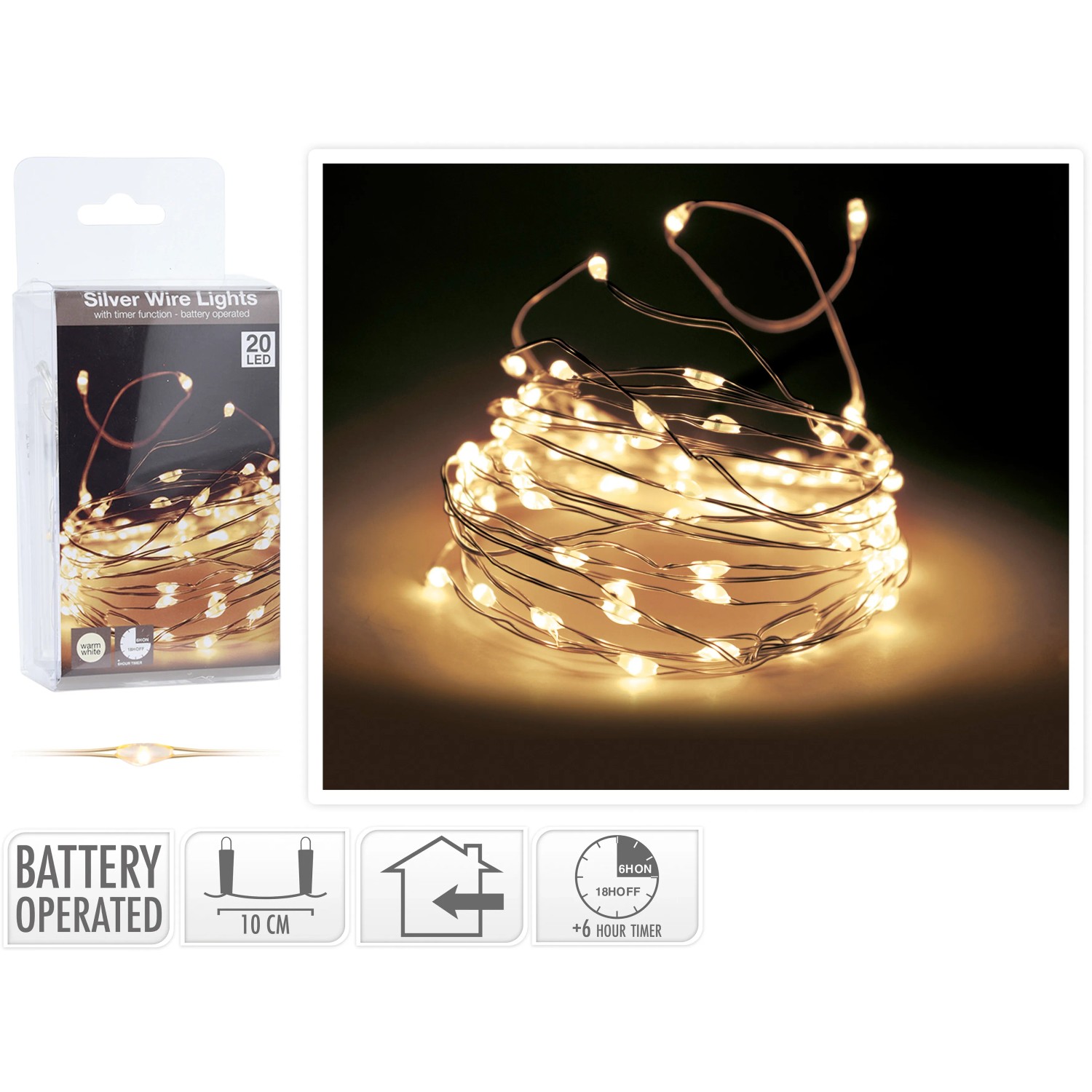 LED Lichterkette 20 warmweiße LEDs Silberdraht innen batteriebetrieb