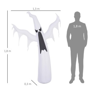 Weißes, 180 cm hohes aufblasbares Halloween Gespenst mit gruseligem Gesicht und LEDs, neben einer Person zur Größenansicht.