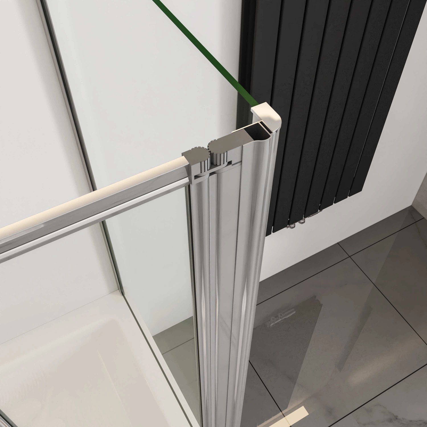 AICA 5-teilige Duschtrennwand Faltwand aus Glas mit Chromrahmen, Detailansicht.