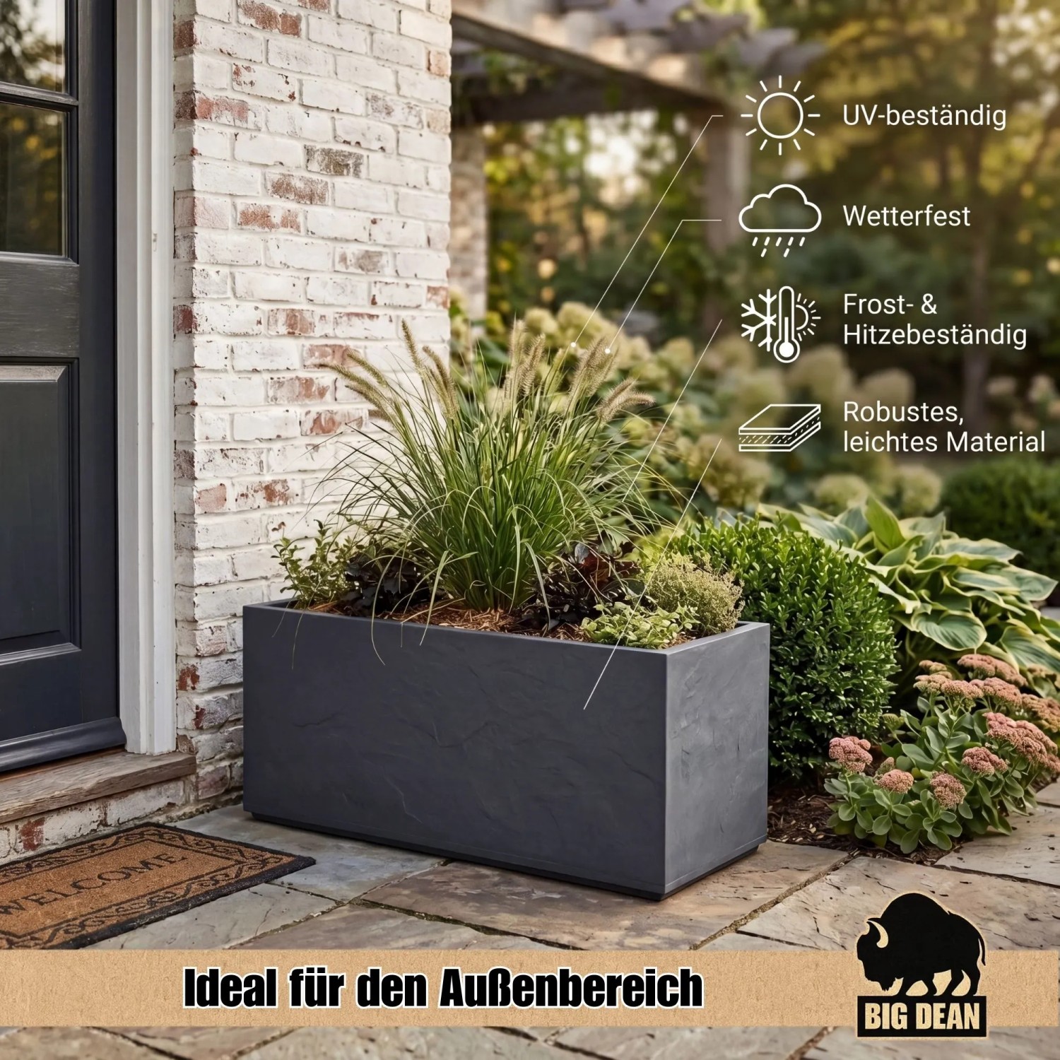 BigDean Pflanzkübel Groß Außen ca. 100cm Schiefer Optik Blumentopf mit Wasserspeicher Winterfest Doppelwandig Rechteckig_2