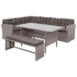 Graues Polyrattan Lounge Set mit L-Sofa, Bank und Esstisch für Garten & Terrasse. Modern und bequem.