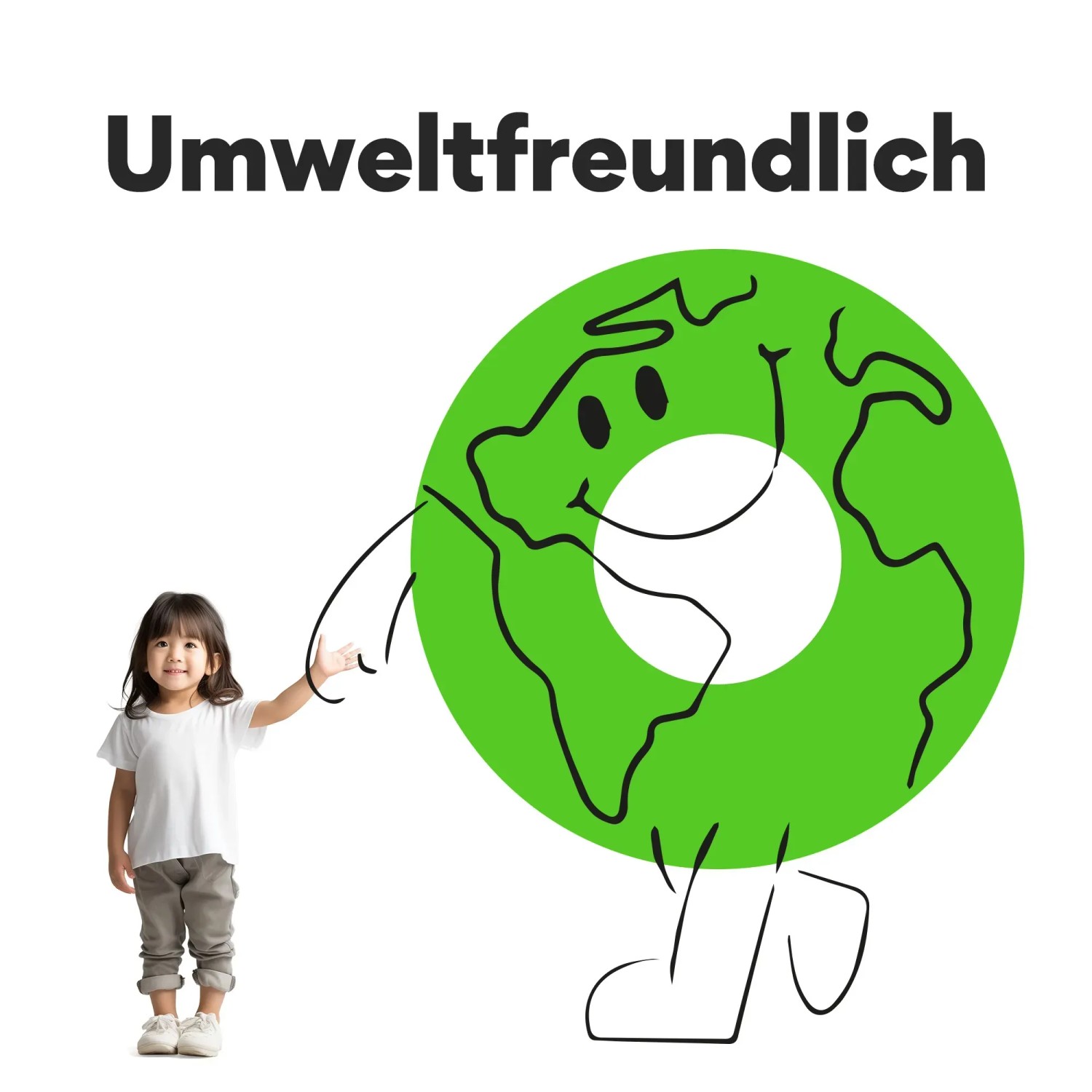 Symbolbild: Mädchen zeigt auf grüne, gezeichnete Erde mit dem Schriftzug "Umweltfreundlich".