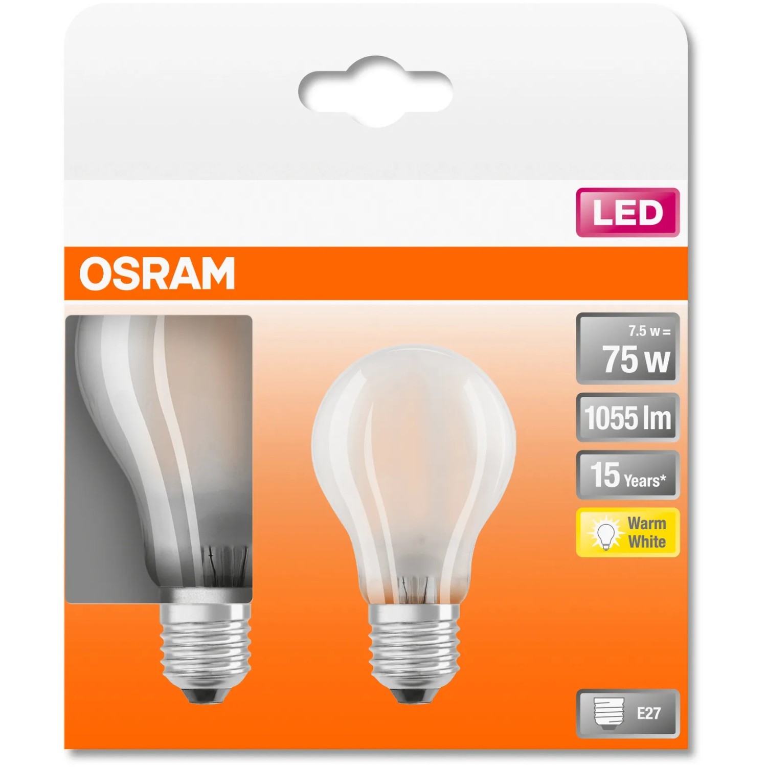 2er Set Osram E27 LED-Leuchtmittel in Glühlampenform, 7,5W, warmweißes Licht.