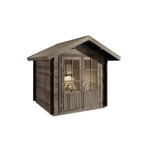 Graues Alpholz Gartenhaus Set Palma mit Doppeltür, Dacheindeckung und Fußboden.