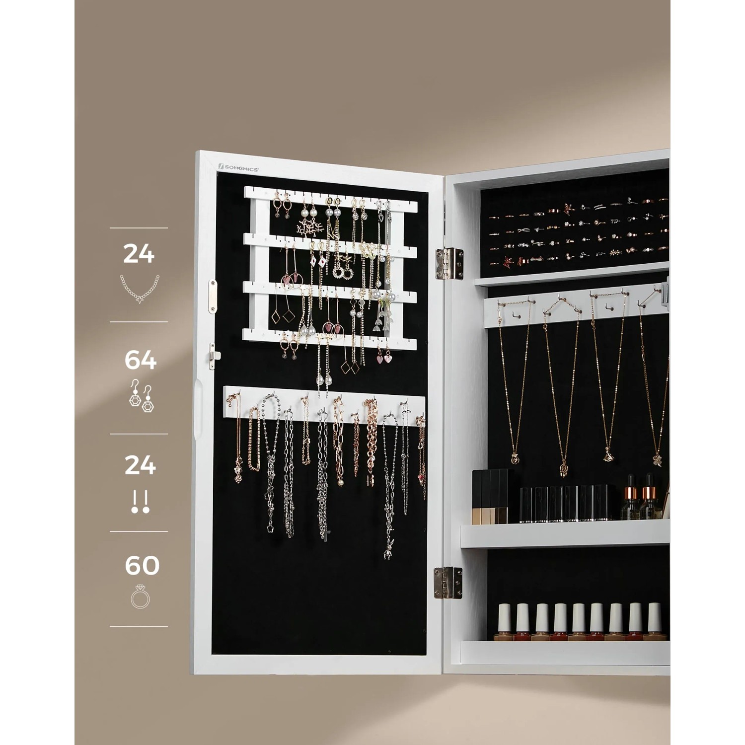 Offener, weißer Songmics Schmuckschrank Berit zur Wandmontage mit Schmuck.