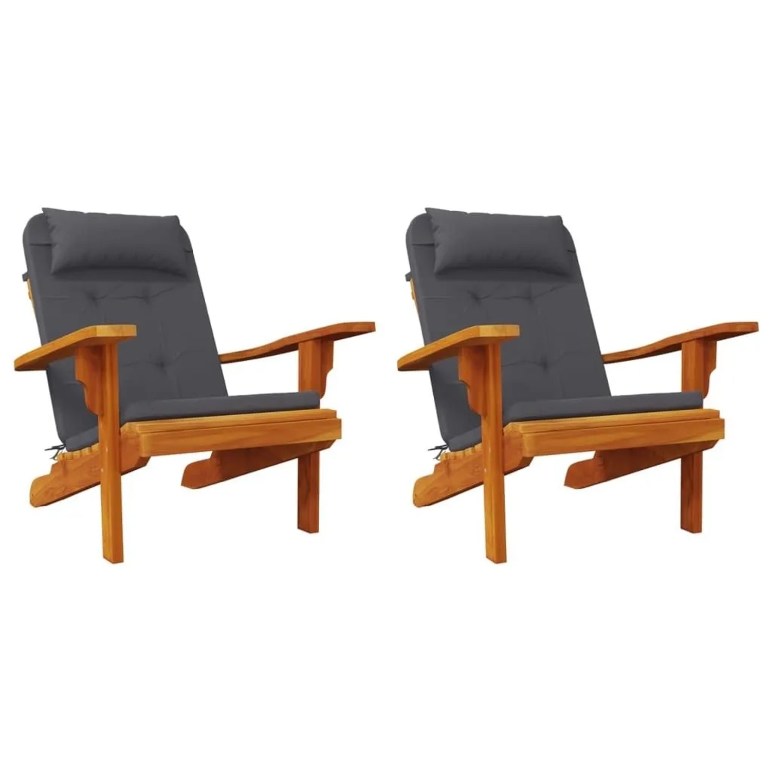 Zwei anthrazitfarbene Adirondack-Auflagen aus Oxford-Gewebe auf Holzstühlen. Bequeme Sitzkissen für Gartenmöbel.