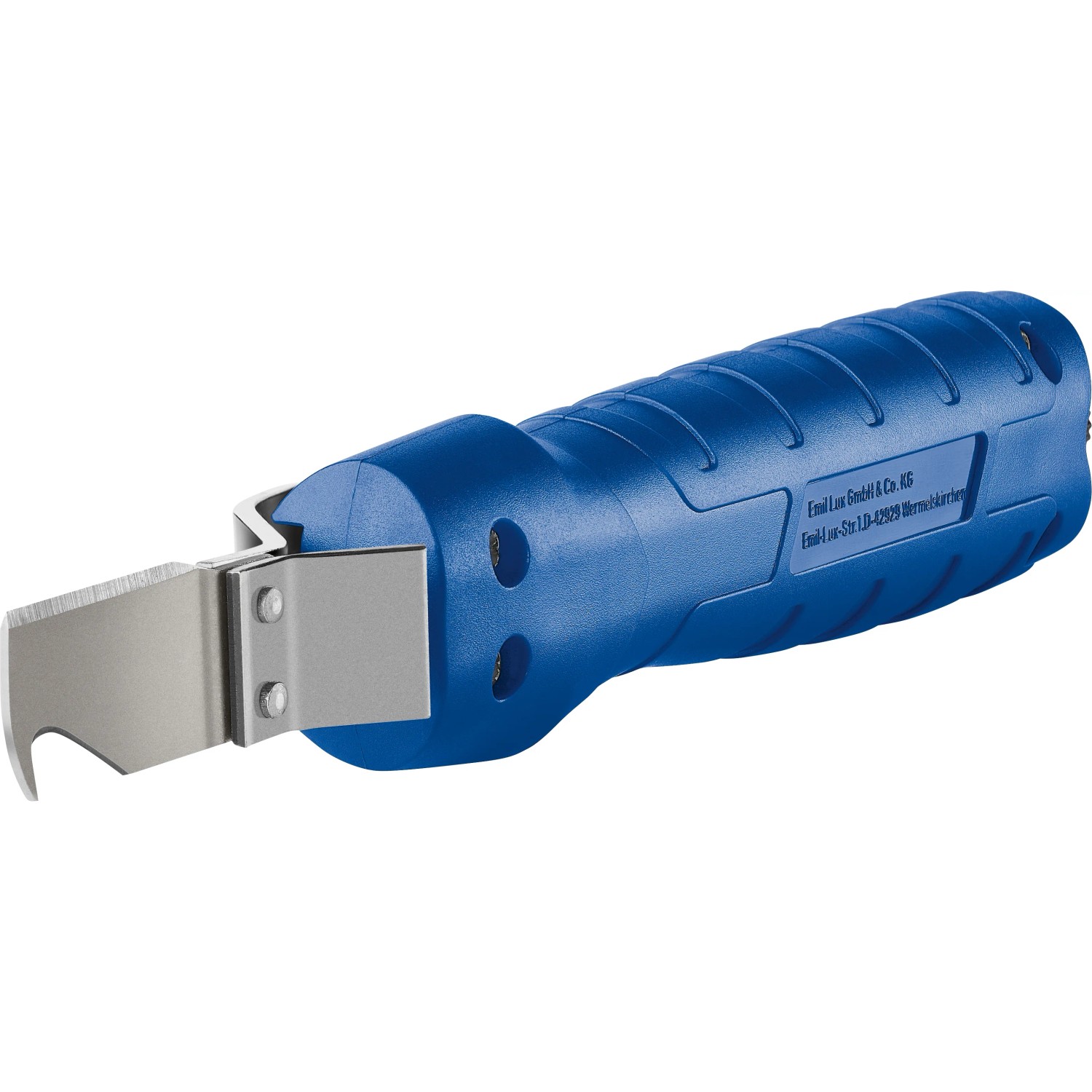 Blaues LUX Kabelmesser Universal Comfort mit Universalklinge und verstellbarem Spezialmesser.