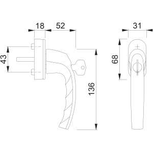 Technische Zeichnung: Atlanta Fenstergriff abschließbar mit Maßen.