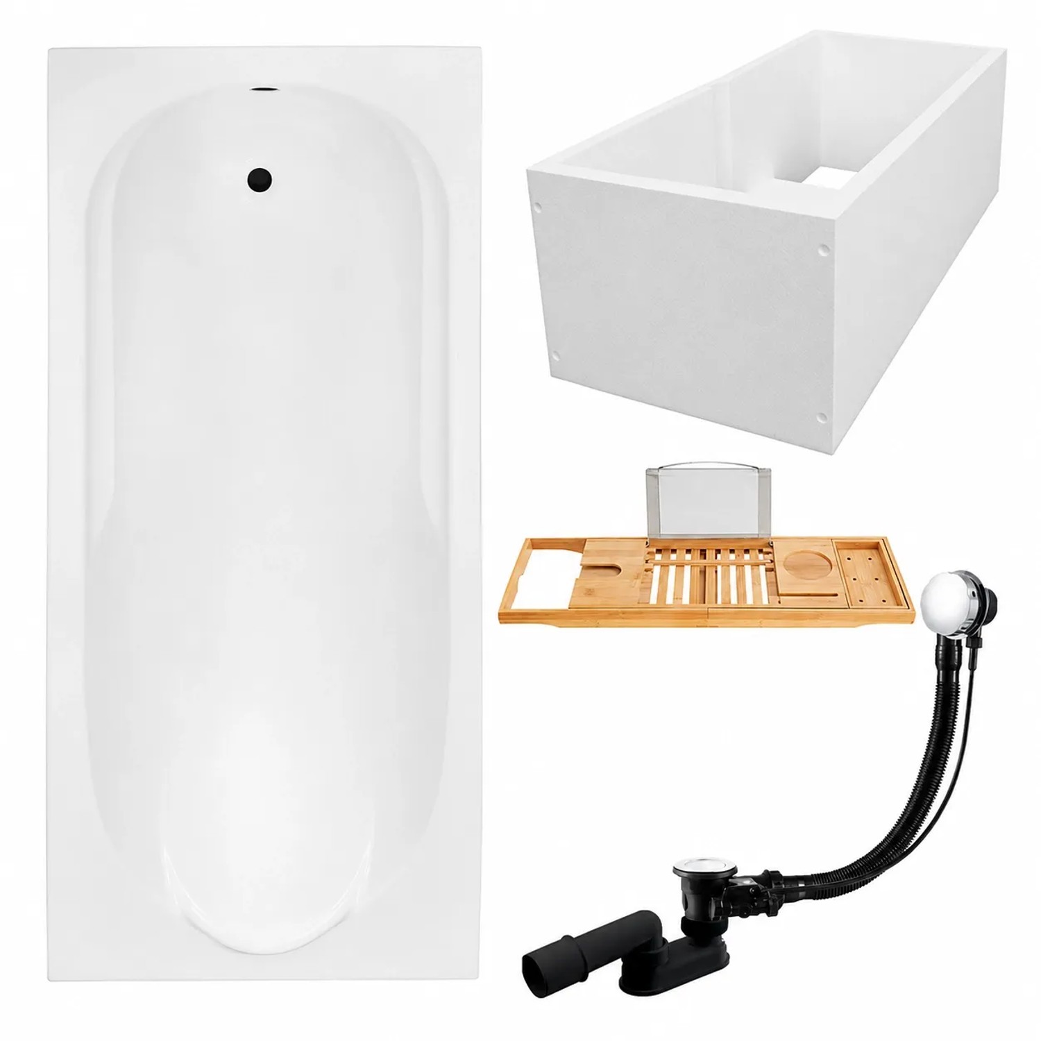KOLMAN Badewanne Rechteck 180 x 80 Cm Mit Bambus Badewannenablage Inkl. Ablauf Und Füße
