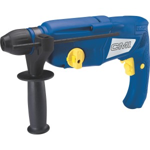 Blauer CMI 850 W Bohrhammer mit schwarzem Zusatzgriff und gelben Bedienelementen.