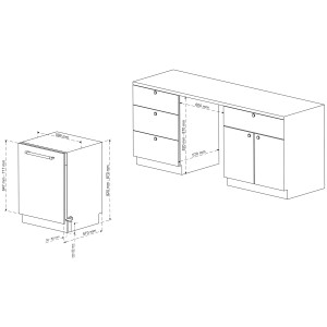 Skizze: Telefunken Unterbau-Geschirrspüler 60cm, silberne Spülmaschine mit Maßangaben für den Einbau.
