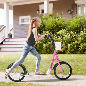 Mädchen fährt pink-weißen HOMCOM Kinderroller mit Korb und Bremse vor Haus.