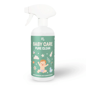 Weiße Hotrega Baby Care Pure Clean 500 ml Sprühflasche mit grünem Etikett, Baby-Motiv. Reinigungsmittel für Spielzeug & Oberflächen.