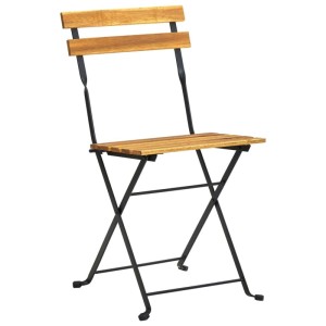 Klappbarer Bistrostuhl aus Akazienholz mit schwarzem Stahlgestell. Gartenstuhl für Terrasse und Balkon.