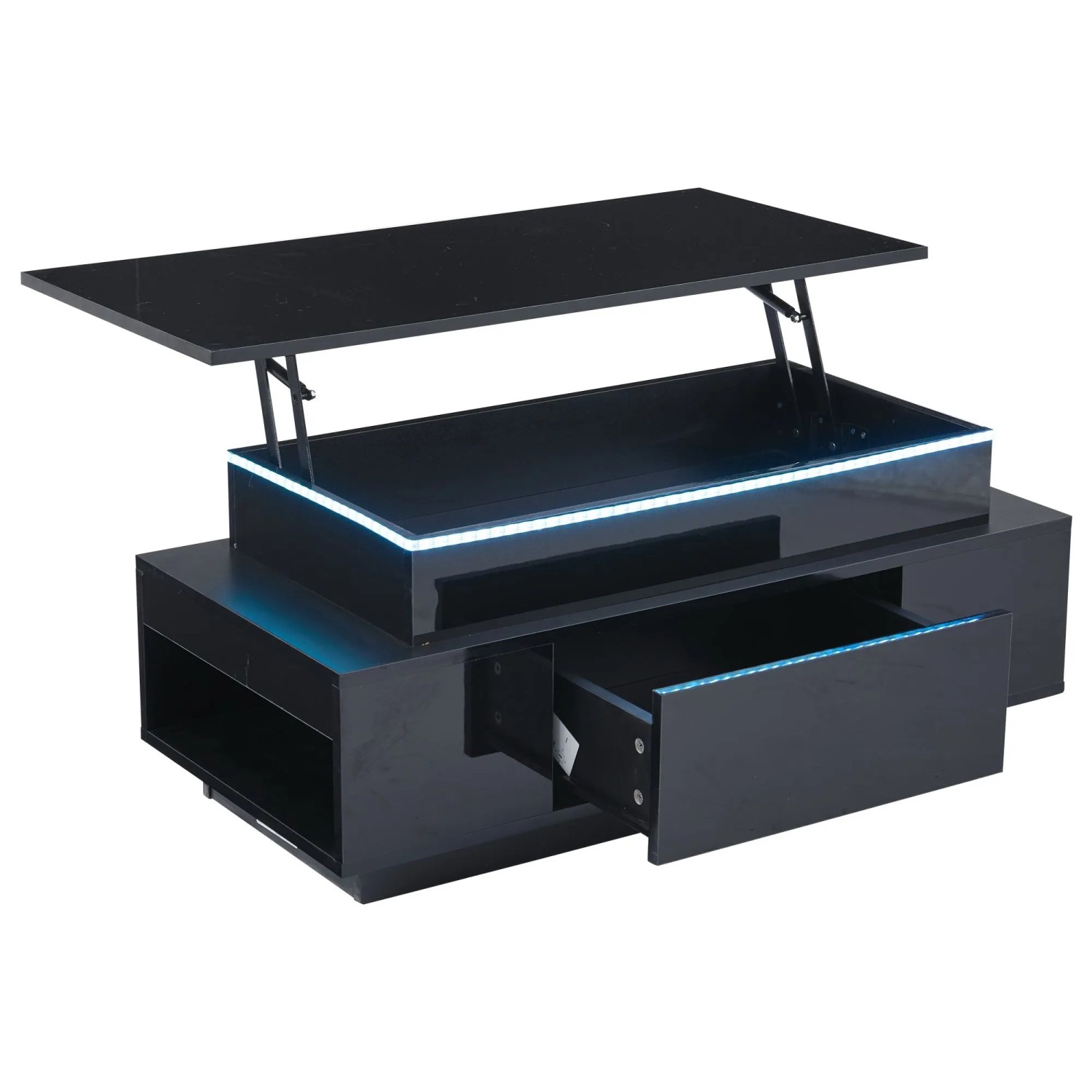 Merax Couchtisch Höhenverstellbar mit Stauraum Schublade LED Hochglanz Schwarz