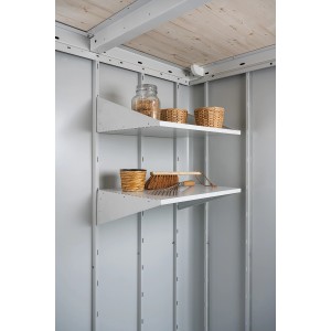 Biohort Regalböden für Neo Gerätehaus, 2er-Set, mit Gartengeräten und Vorratsglas auf den Böden.