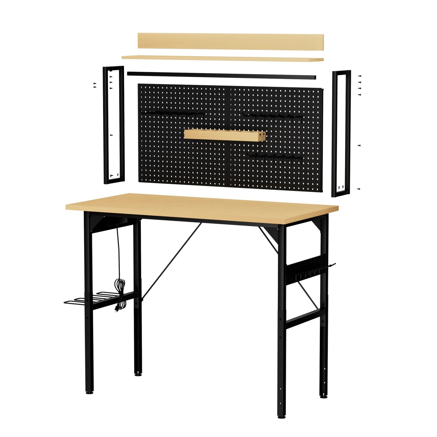 okwish Werkbank mit Lochwand Rollen AC/USB Für Garage 120x60x155cm Natur
