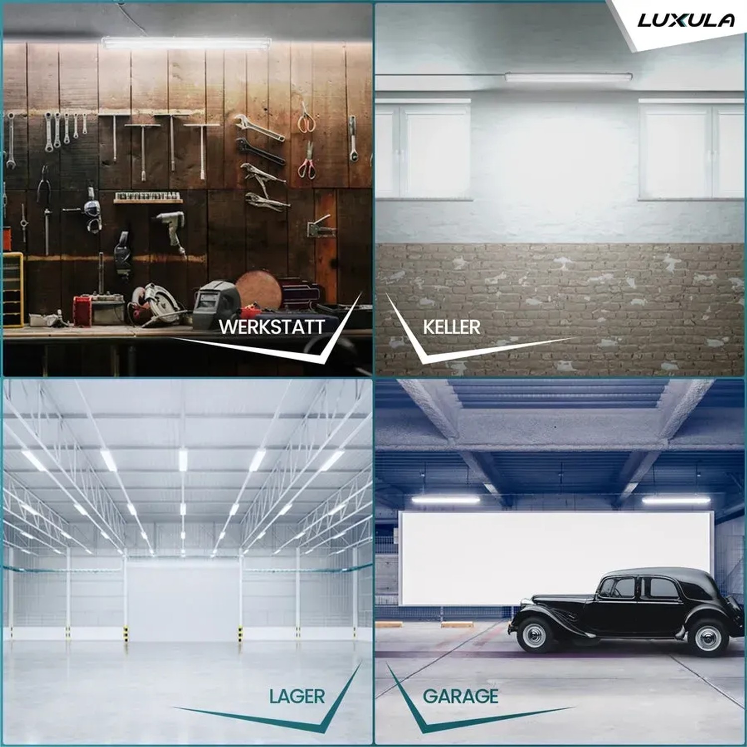 LUXULA LED Feuchtraum Wannenleuchte 4er-Set in Werkstatt, Keller, Lager und Garage.