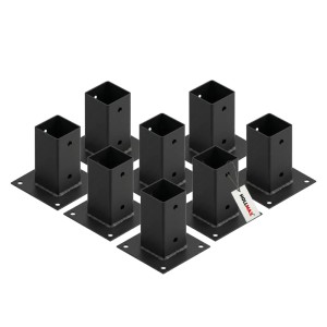 8 schwarze, pulverbeschichtete HOLLMAX Aufschraubhülsen/Pfostenträger 71 mm für Vierkantpfosten auf festem Untergrund.