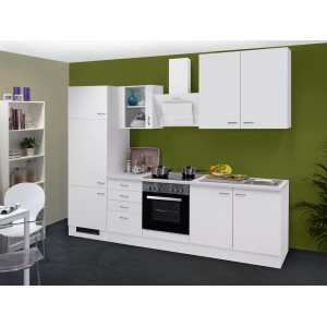 Weiße Flex-Well Classic Küchenzeile Wito 270 cm mit Elektrogeräten und Spüle.