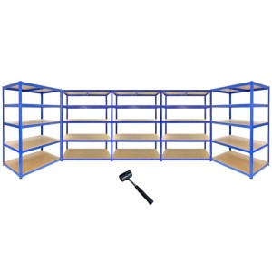 Blaues Monster Racking T-Rax Lagerregal (9er Set) mit 5 Böden und Gummihammer.