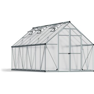 Silbernes Palram Canopia Essence Gewächshaus mit Lüftungsfenstern und Doppeltür.