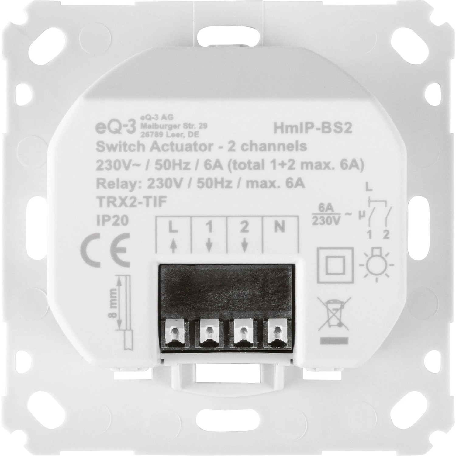 Homematic IP Schaltaktor 2-fach für Markenschalter, weiß, Rückseite mit Anschlüssen für Smart Home Hausautomation.