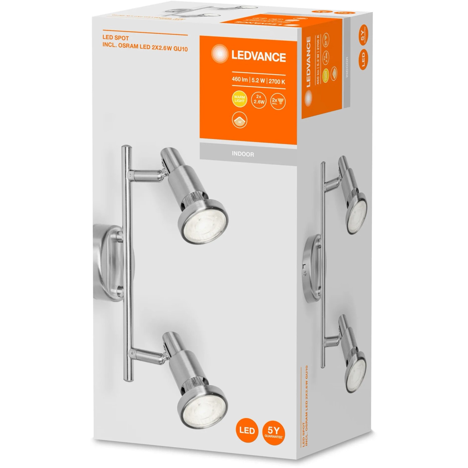 Ledvance LED-Spot, 2-flammig, silberfarben, 17 cm. Deckenleuchte mit zwei Strahlern in Produktverpackung.