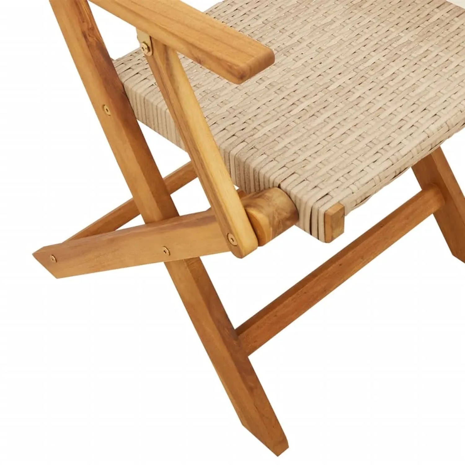 Detailansicht Gartenstuhl aus Akazienholz und Rattan, Teil der 5-tlg. Essgruppe.